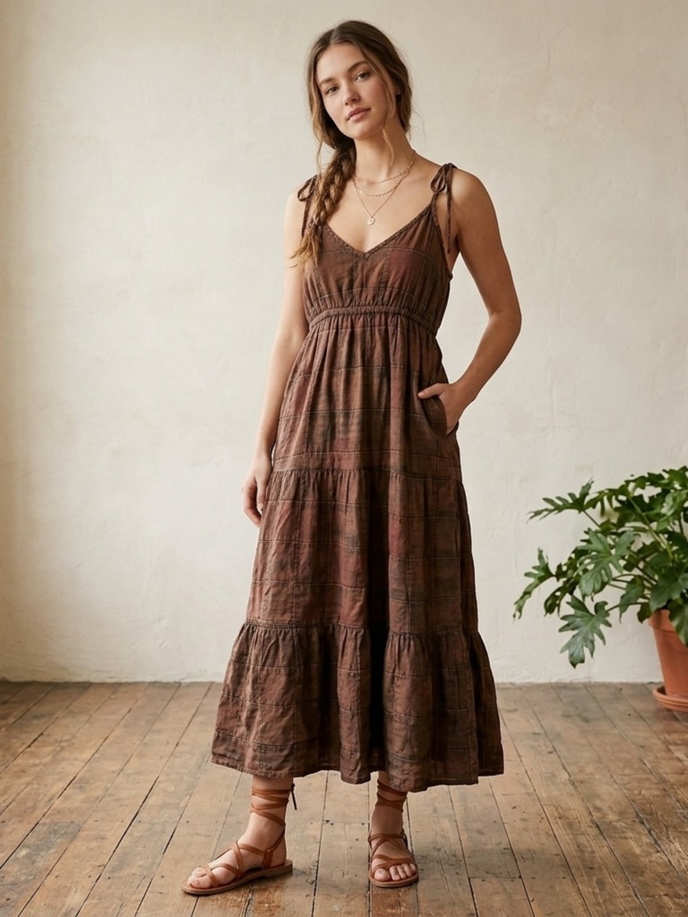 Women’s Earthbound 100% Cotton Brown Tiered Tie-Shoulder Maxi Dress Medium